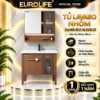 Tủ lavabo nhôm Eurolife BLV-AL23 AL24 màu nâu gụ, hai lựa chọn 60cm và 80cm, chậu sứ Nano, gương LED và chân đỡ.