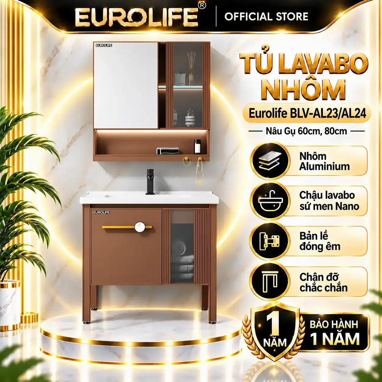 Tủ lavabo nhôm Eurolife BLV-AL23 AL24 màu nâu gụ, hai lựa chọn 60cm và 80cm, chậu sứ Nano, gương LED và chân đỡ.