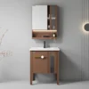 Bộ tủ lavabo nhôm Eurolife BLV-AL23 màu nâu gụ 60cm gồm tủ dưới có chân, chậu sứ trắng và tủ gương LED.