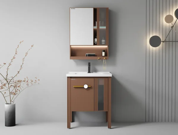 Bộ tủ lavabo nhôm Eurolife BLV-AL23 màu nâu gụ 60cm gồm tủ dưới có chân, chậu sứ trắng và tủ gương LED.