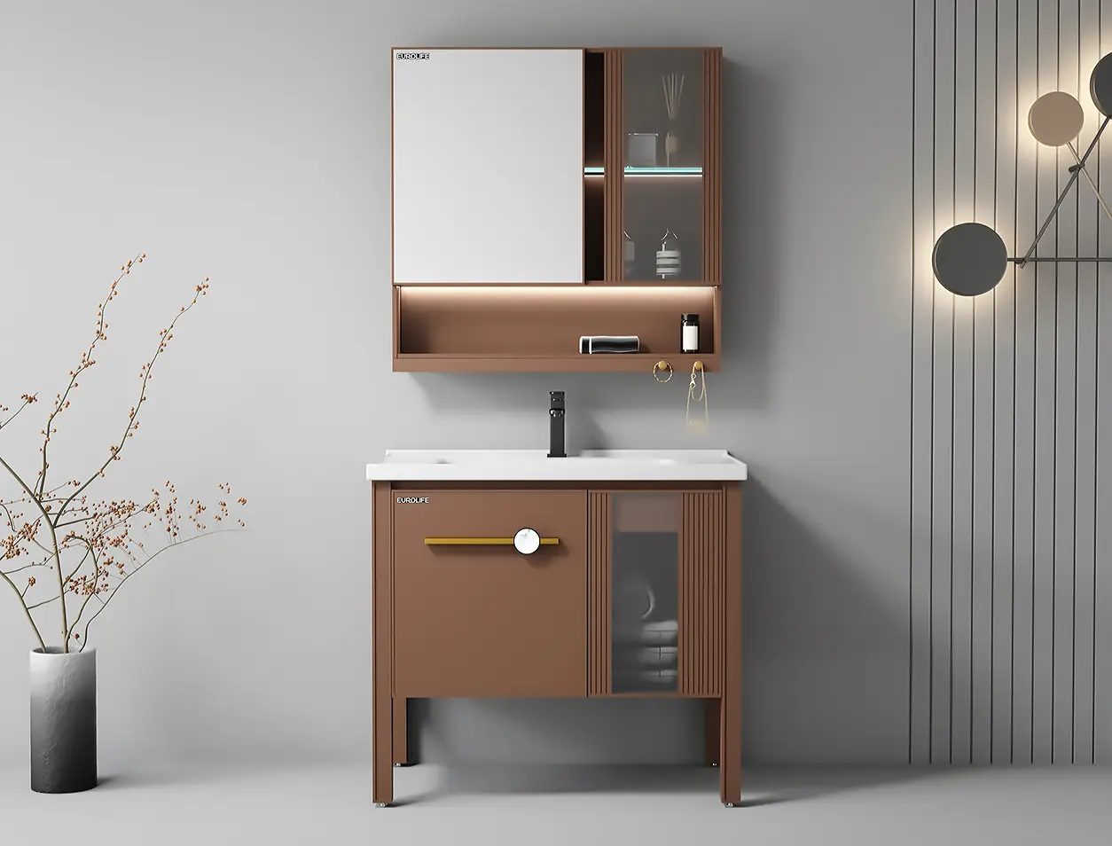 Tủ lavabo nhôm Eurolife BLV-AL24 màu nâu gụ 80cm có chậu sứ men Nano, tủ gương LED và chân đứng Aluminium.