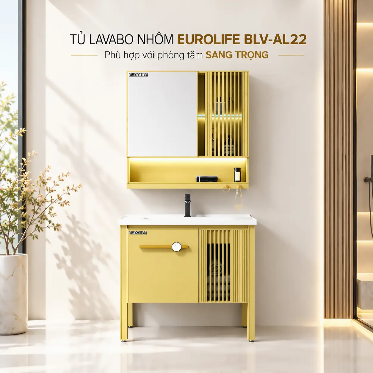 Tủ lavabo nhôm Eurolife BLV-AL22 màu vàng 80cm có chân đỡ, kết hợp tủ gương LED trong không gian phòng tắm sang trọng.