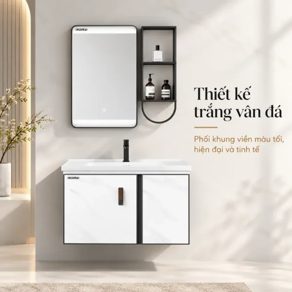 Bộ tủ lavabo nhôm Eurolife BLV-AL20 trắng vân đá 60cm trong phòng tắm hiện đại, phối gương LED và kệ mở màu tối.