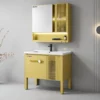 Bộ tủ lavabo nhôm Eurolife BLV-AL22 màu vàng đặt trong phòng tắm hiện đại, có chân đỡ và tủ gương LED phối cánh sọc dọc.