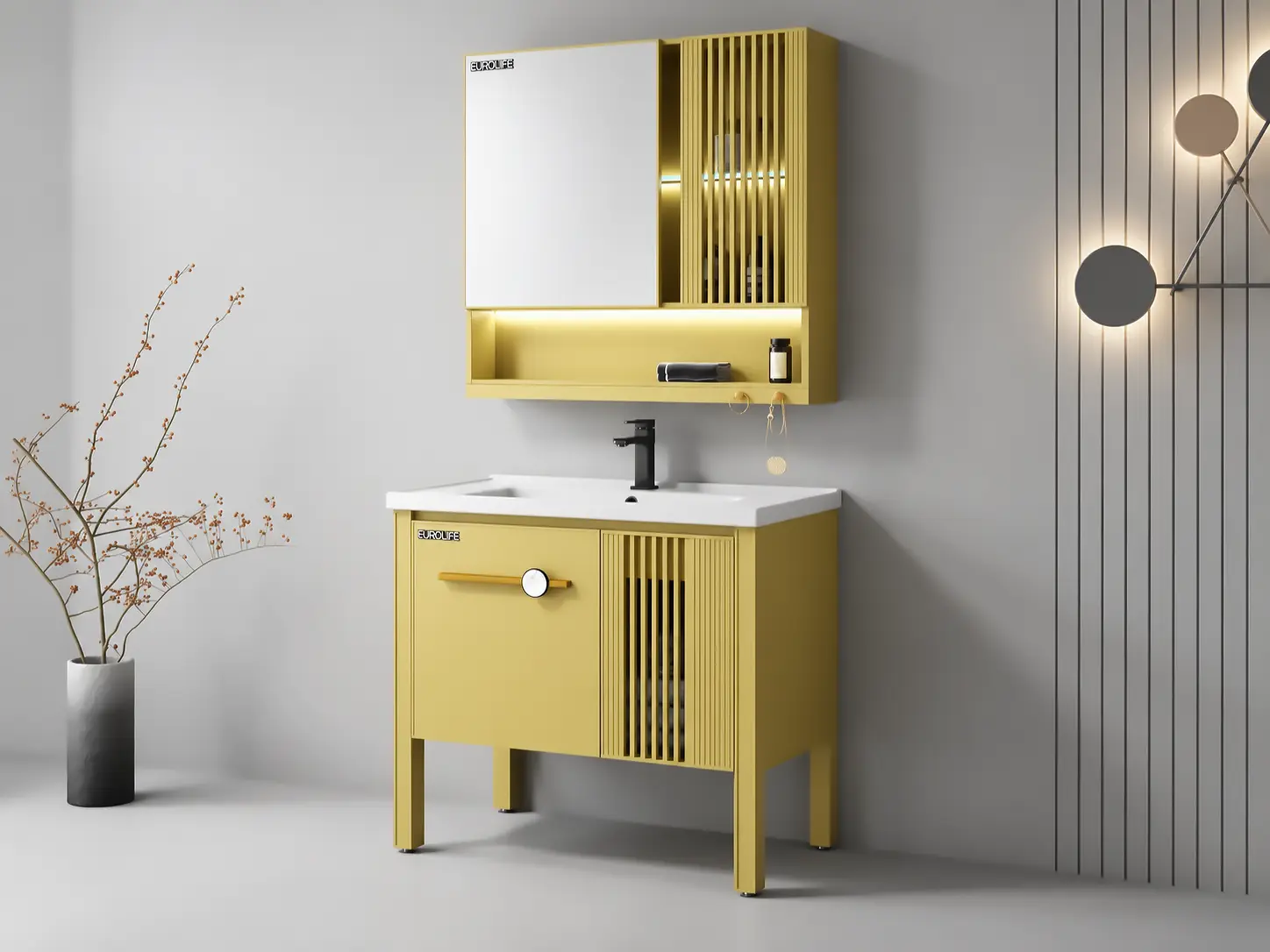 Bộ tủ lavabo nhôm Eurolife BLV-AL22 màu vàng đặt trong phòng tắm hiện đại, có chân đỡ và tủ gương LED phối cánh sọc dọc.