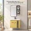 Tủ lavabo nhôm Eurolife BLV-AL21 màu vàng sang trọng trong phòng tắm, chậu sứ trắng, gương LED cảm ứng và kệ mở hai tầng.
