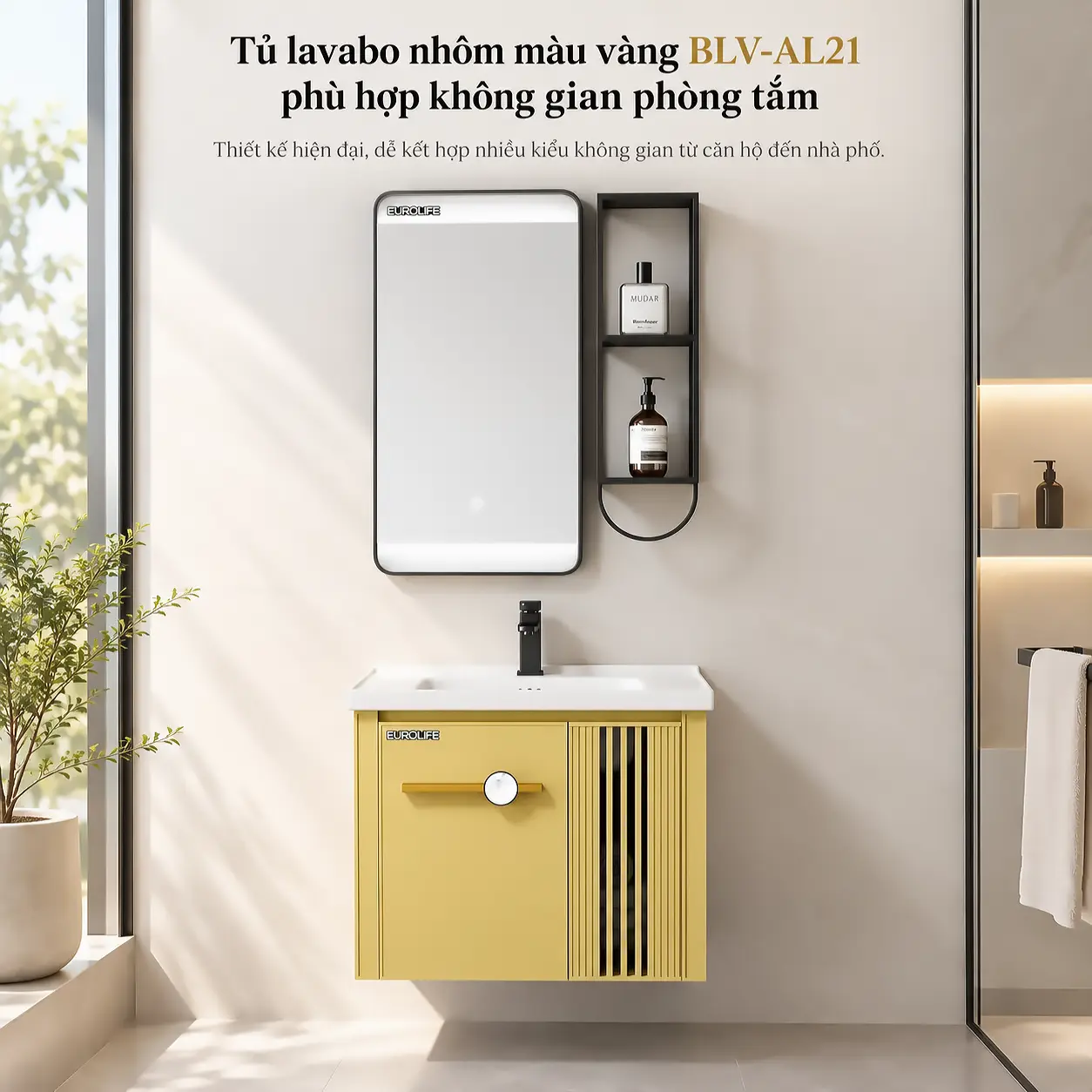 Tủ lavabo nhôm Eurolife BLV-AL21 màu vàng sang trọng trong phòng tắm, chậu sứ trắng, gương LED cảm ứng và kệ mở hai tầng.