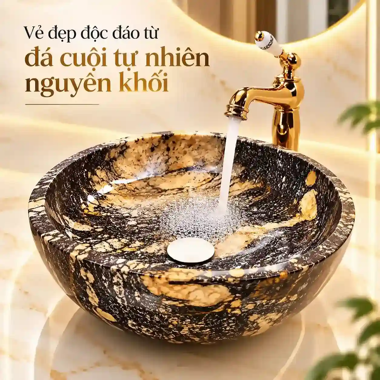 Vẻ đẹp chậu lavabo đá cuội tròn Eurolife LVB-DTR4040 nguyên khối với vân đá tự nhiên và vòi cổ điển màu đồng