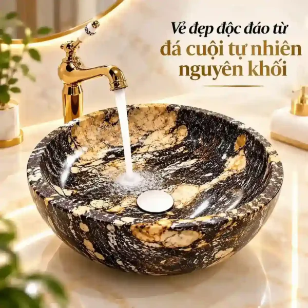 Chậu lavabo đá cuội tự nhiên nguyên khối Eurolife LVB-DTR4040 phối vòi vàng đồng với đường vân đá độc đáo