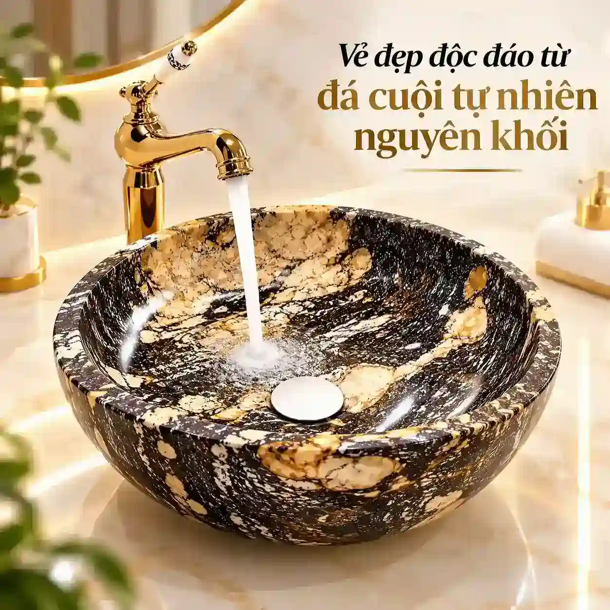 Chậu lavabo đá cuội tự nhiên nguyên khối Eurolife LVB-DTR4040 phối vòi vàng đồng với đường vân đá độc đáo